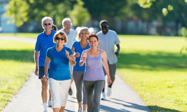Group of patrons walking outside